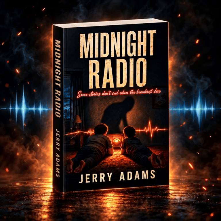 Midnight Radio book artwork surrounded by smoke and embers