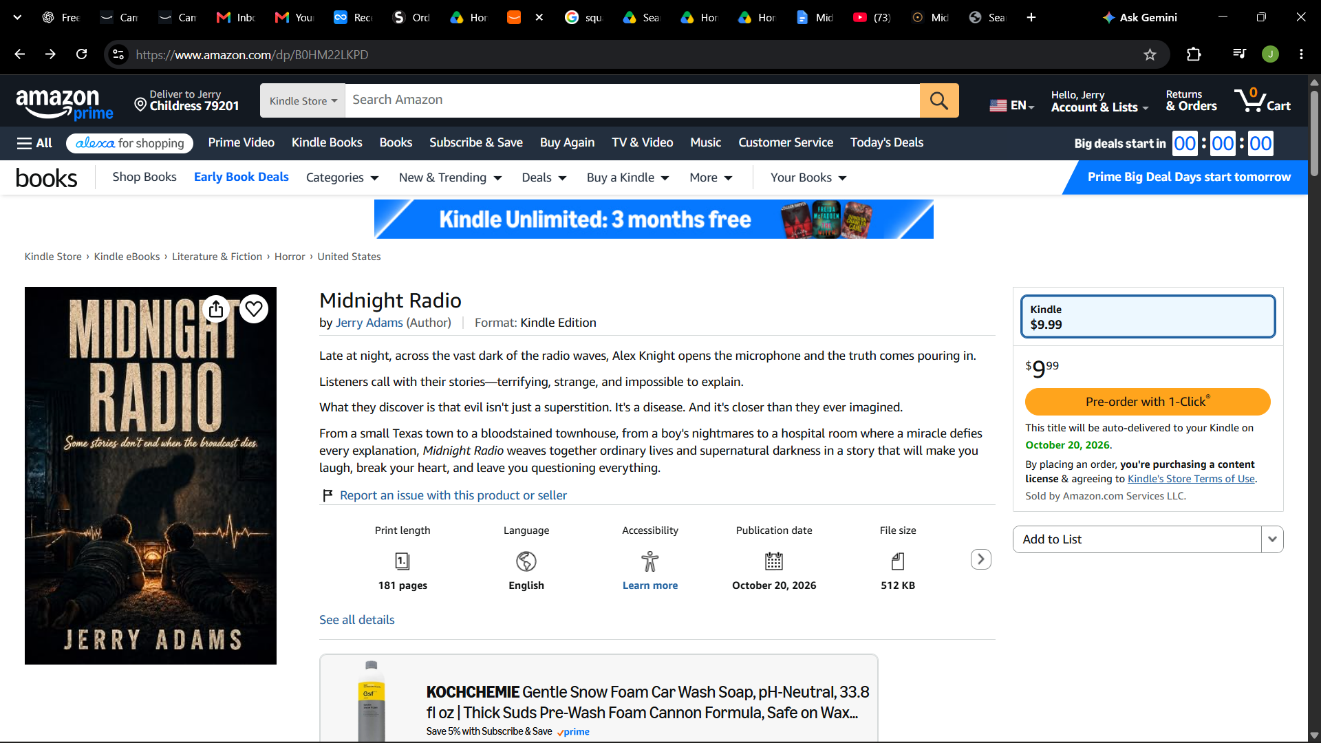 Amazon listing for Midnight Radio by Jerry Adams, available to preorder for Kindle at $9.99, releasing October 20, 2026.