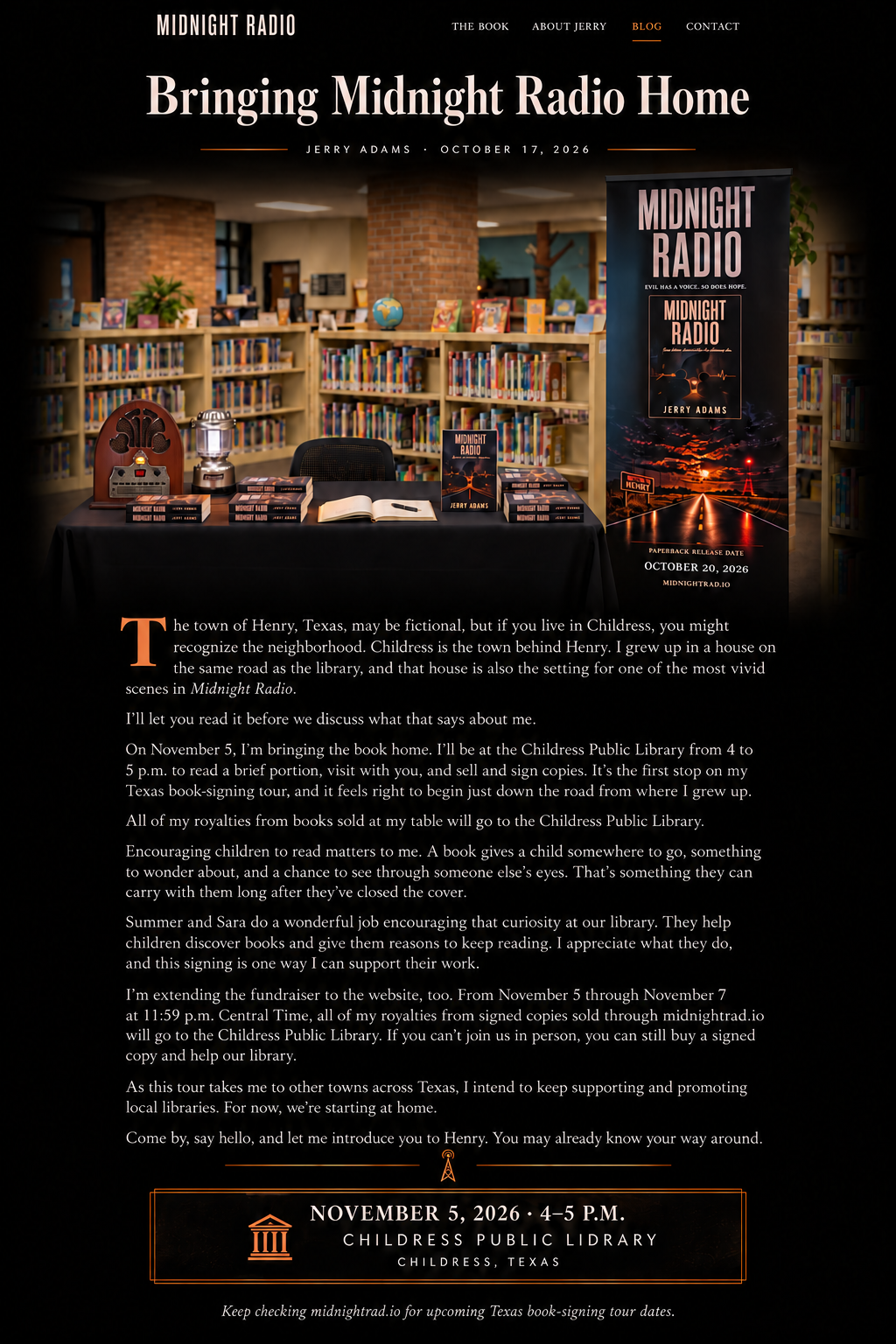 Library signing table with Midnight Radio books, Jerry’s cathedral radio, a silver Coleman lantern, and the book banner.