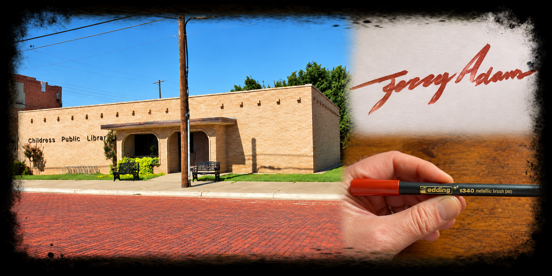 Childress Public Library beside Jerry’s signing pen and copper-colored signature, framed by inky black edges.