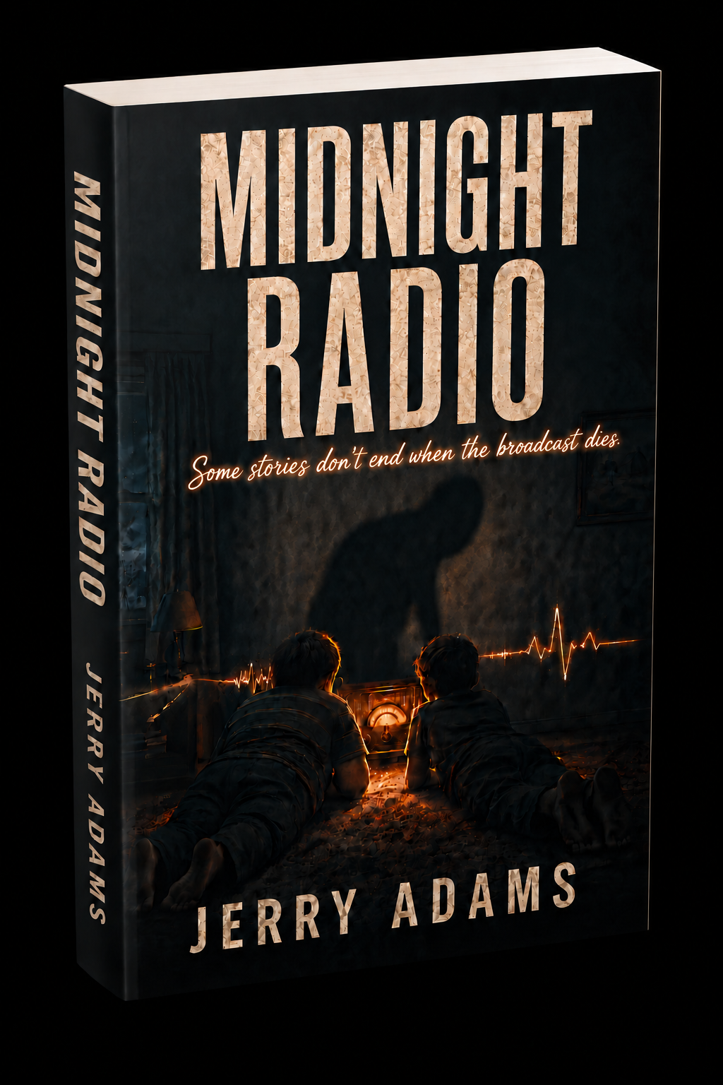 Midnight Radio cover: two boys face a glowing radio while a looming shadow rises behind them