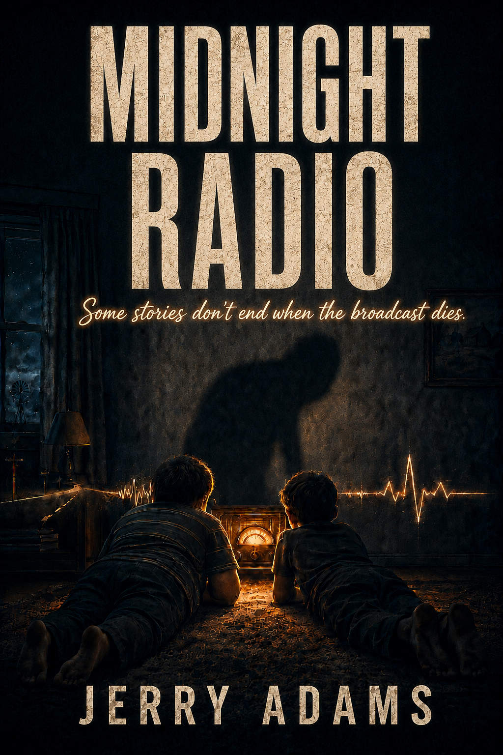 Midnight Radio cover: two boys face a glowing radio while a looming shadow rises behind them