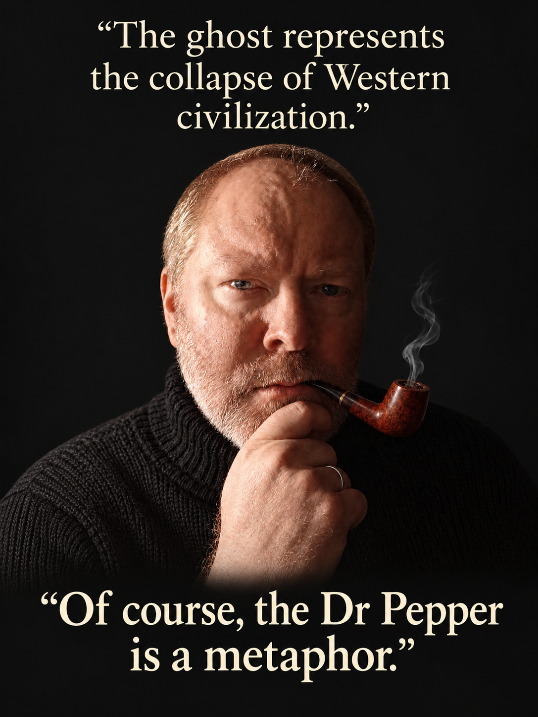 Jerry Adams with a pipe and humorous captions about ghosts and Dr Pepper