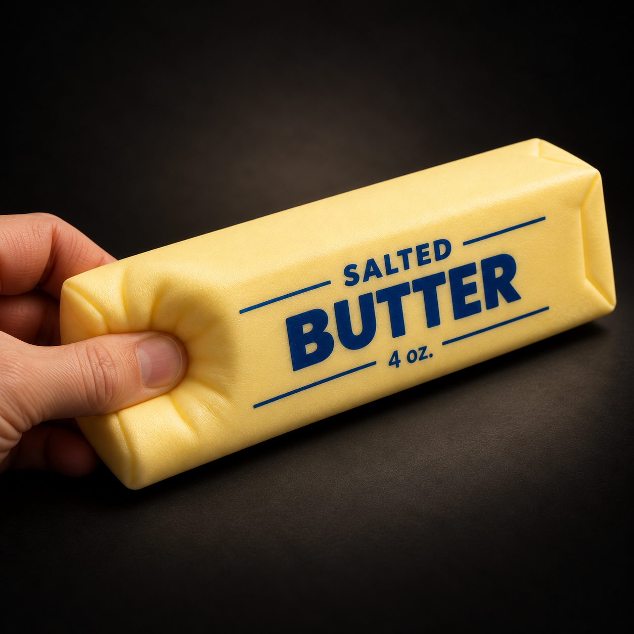A hand squeezing a salted butter stress toy