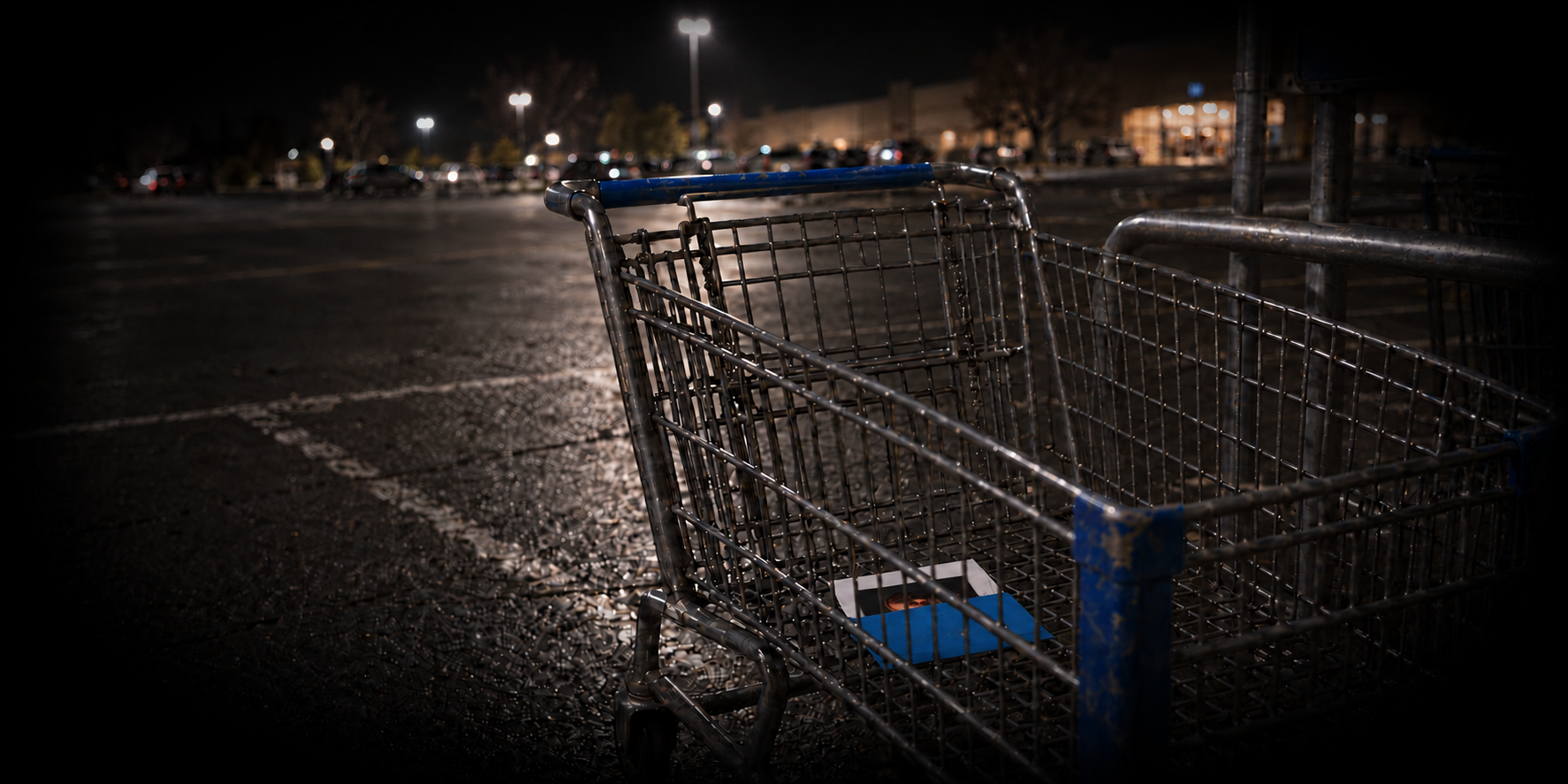 A blue envelope of author photos left inside a shopping cart in a parking lot at night